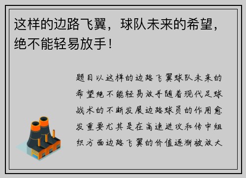 这样的边路飞翼，球队未来的希望，绝不能轻易放手！