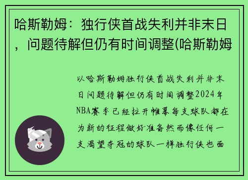 哈斯勒姆：独行侠首战失利并非末日，问题待解但仍有时间调整(哈斯勒姆被驱逐)