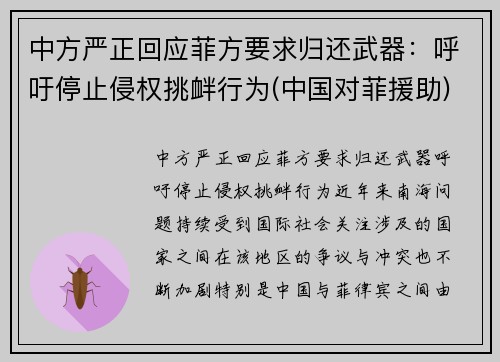 中方严正回应菲方要求归还武器：呼吁停止侵权挑衅行为(中国对菲援助)