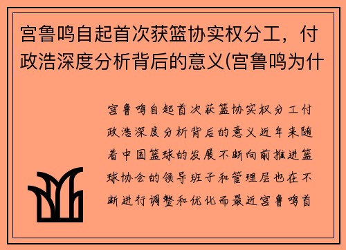 宫鲁鸣自起首次获篮协实权分工，付政浩深度分析背后的意义(宫鲁鸣为什么不带cba)