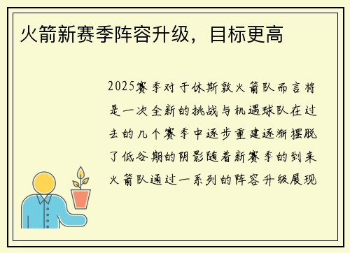 火箭新赛季阵容升级，目标更高