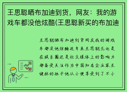 王思聪晒布加迪到货，网友：我的游戏车都没他炫酷(王思聪新买的布加迪)