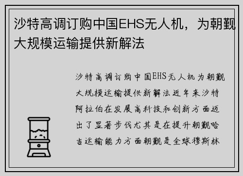 沙特高调订购中国EHS无人机，为朝觐大规模运输提供新解法